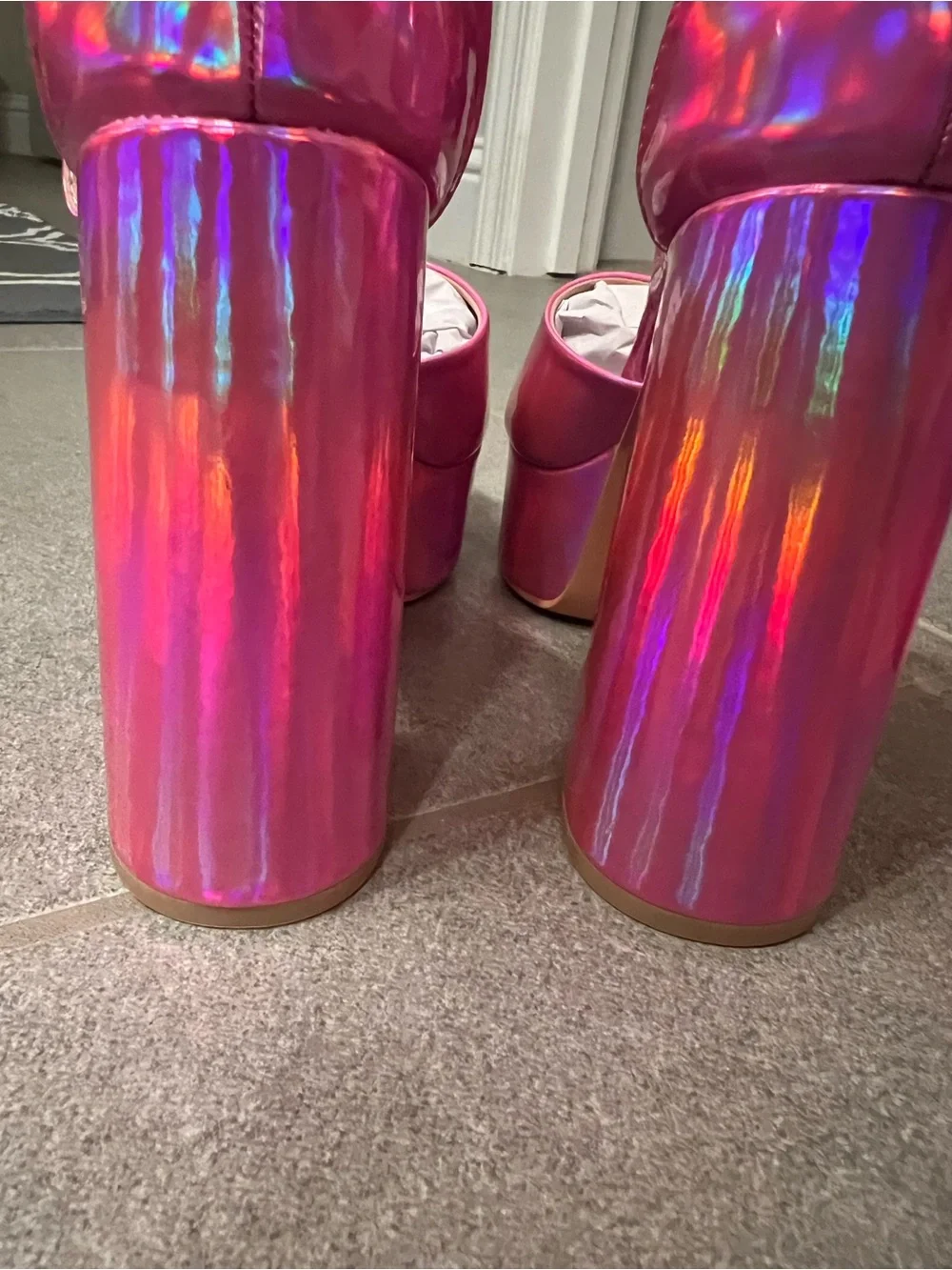 New Holographic Pink Patent Leather Platform Chunky Heels - Iridescent Metallic